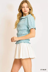 Umgee Smocked Short Sleeve Button-Front Shirt with Peter Pan Collar OutfitFlow